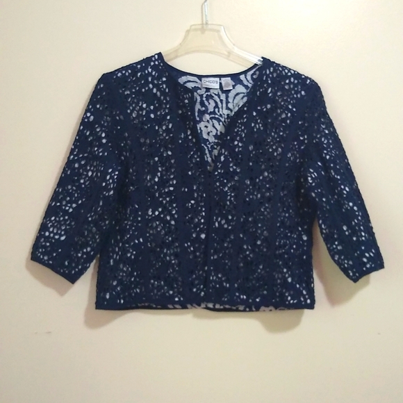 CHICO'S Eyelet Cotton Linen Blend Coat 2 - Picture 1 of 10